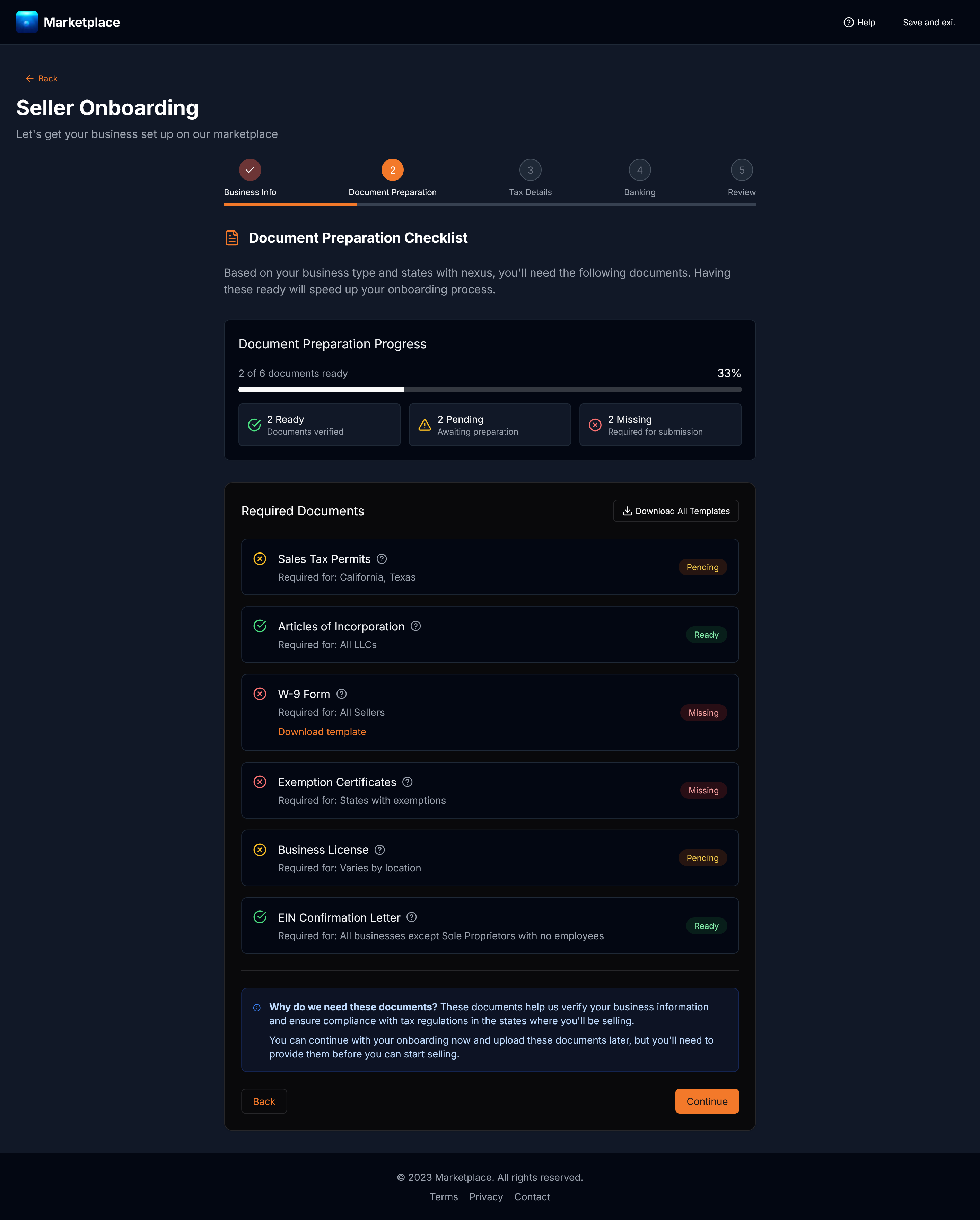 Dynamic document checklist adapting to seller inputs